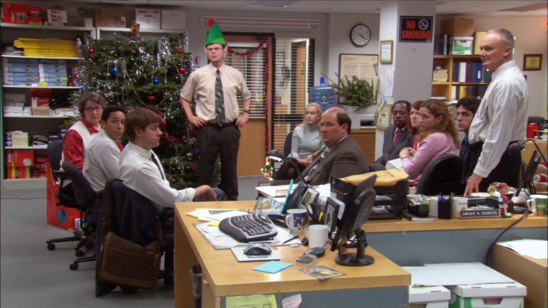 Image of "The Office" cast, showcasing Michael Scott, Jim Halpert, Pam Beesly, and Dwight Schrute at Dunder Mifflin.