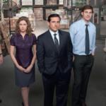 Image of "The Office" cast, showcasing Michael Scott, Jim Halpert, Pam Beesly, and Dwight Schrute at Dunder Mifflin.